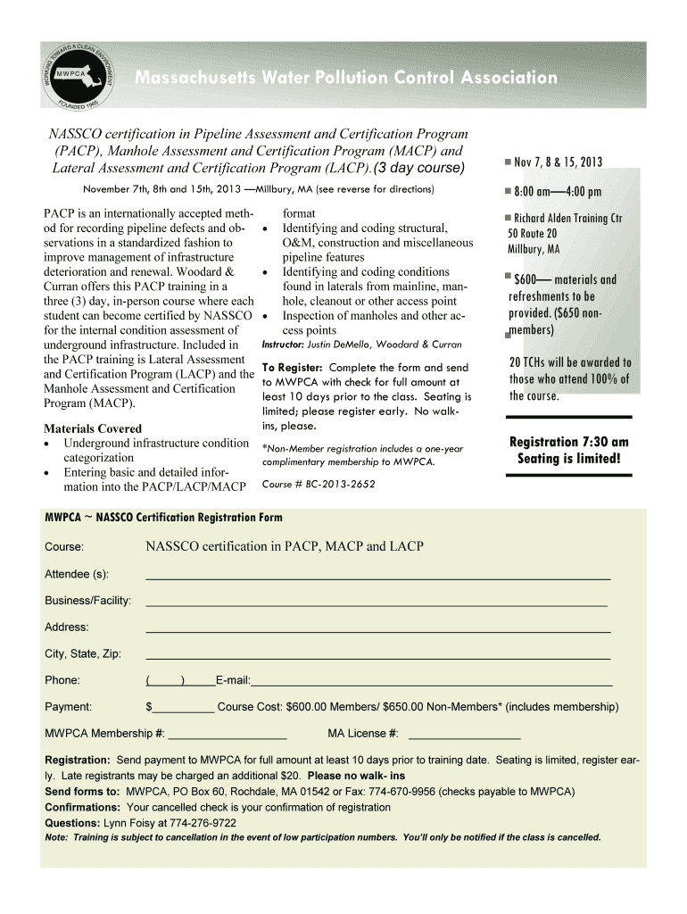 Fillable Online mwpca NASSCO certification in Pipeline Assessment and