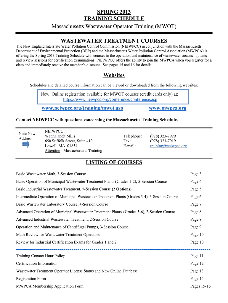 Fillable Online mwpca WASTEWATER TREATMENT COURSES mwpca Fax Email