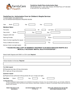 FamilyCare Authorization Form for Children's Respite Services