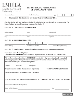 Sibling Verification of Enrollment Form