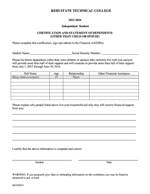 Independent Student Certification and Statement of Dependents