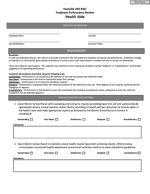 Employee Performance Review Form for Health Aide