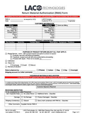 Return Material Authorization Form