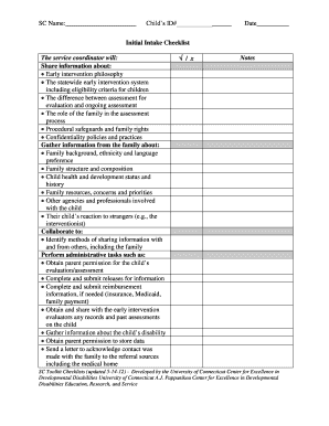 Early Intervention Service Coordinator Checklists