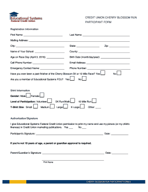 Credit Union Cherry Blossom Run Participant Form