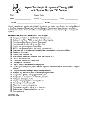 Preschool Occupational and Physical Therapy Checklist