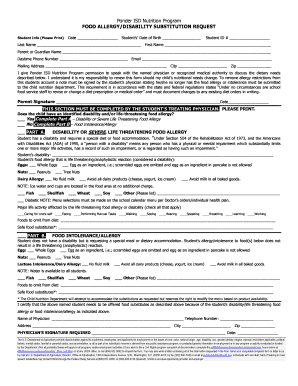 Ponder ISD Food Allergy/Disability Substitution Request