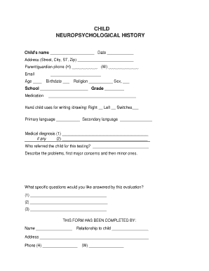 Child Neuropsychological History Form