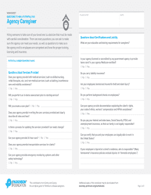 Caregiver Agency Evaluation Worksheet