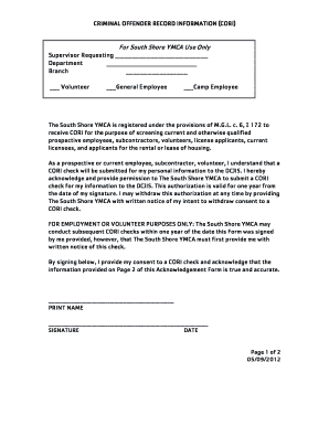 Criminal Offender Record Information (CORI) Consent Form