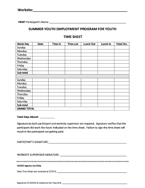 fillable online columbianacountyjfs worksite summer youth employment time in timeout sheet