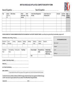 British Dressage Competition Entry Form