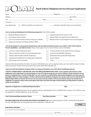 North Dakota Lifeline Telephone Service Discount Application