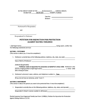 Florida Petition for Injunction Against Dating Violence