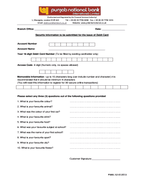 Debit Card Security Information Form