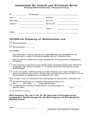 Antrag auf Zulassung zur Bachelorarbeit
