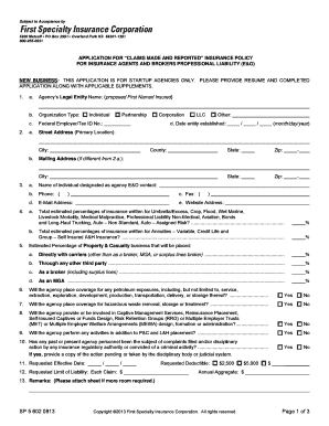 Application for Claims Made and Reported Insurance Policy