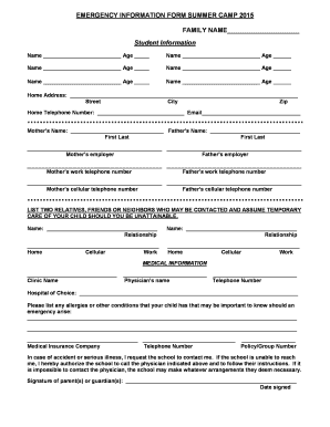 Emergency Information Form Summer Camp 2015