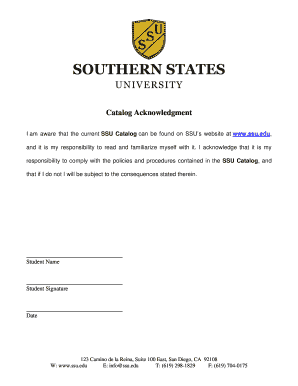 SSU Catalog Acknowledgment Form