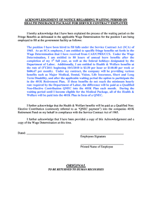 Acknowledgement of Health Insurance Waiting Period for SCA Employee