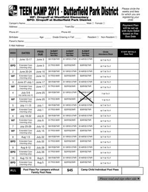 Butterfield Park District Summer Camp Registration Form