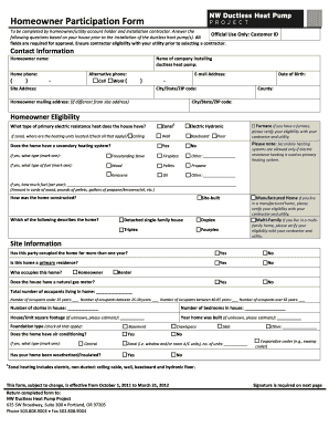 Homeowner Participation Form for Ductless Heat Pump Installation