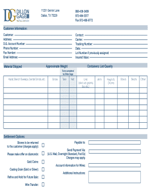Dillon Gage Precious Metals Shipping Form