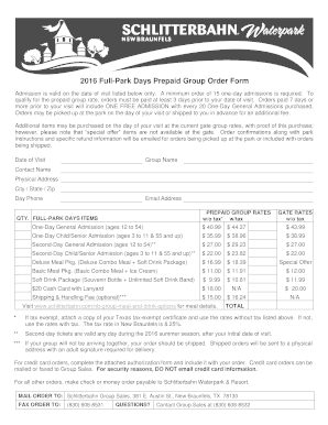 2016 Schlitterbahn Group Order Form