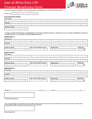 Lion of Africa Life Assurance Beneficiary Change Form