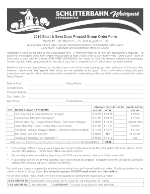 2016 Blast & Save Days Prepaid Group Order Form