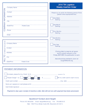 TIA Logistics Weekly Advertising Rate Card 2016