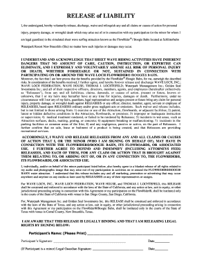 Release of Liability for FlowRider/Boogie Bahn