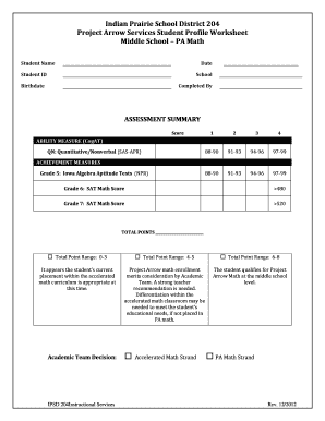 Project Arrow Services Student Profile Worksheet