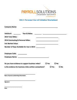 2014 Personal Vehicle Use Worksheet