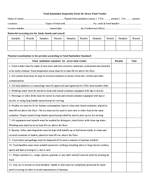 Food Sanitation Inspection Form for Street Food Vendor