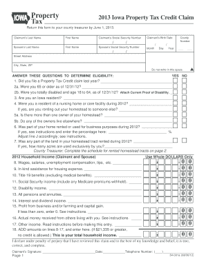 2013 Iowa Property Tax Credit Claim Form
