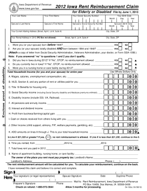 2012 Iowa Rent Reimbursement Claim for Elderly or Disabled