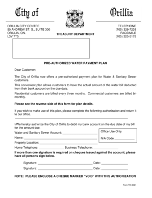 Pre-Authorized Water Payment Plan Authorization