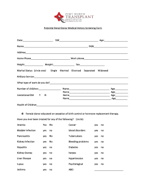 Potential Renal Donor Medical History Screening Form