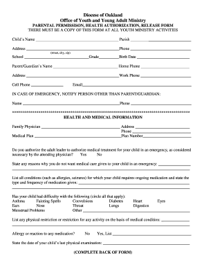 Diocese of Oakland Parental Permission and Health Authorization Form