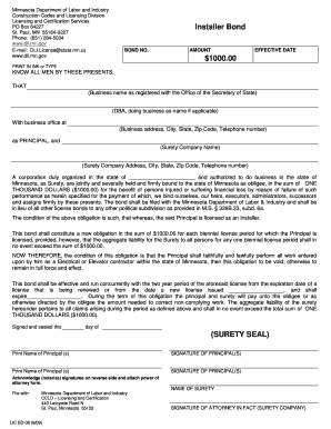 Minnesota Installer Bond Form