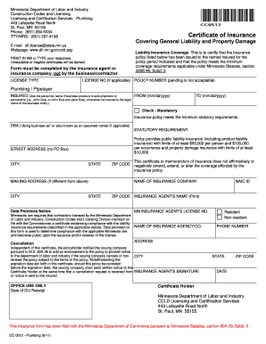 Minnesota Plumbing License Certificate of Insurance