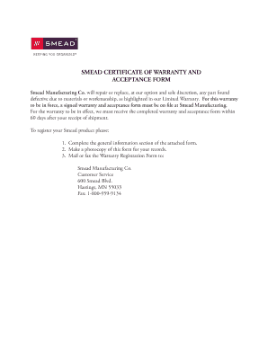 Smead Certificate of Warranty and Acceptance Form