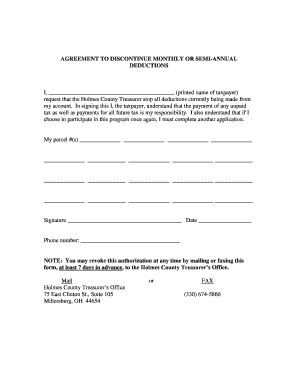 AGREEMENT TO DISCONTINUE MONTHLY OR SEMI-ANNUAL DEDUCTIONS - co holmes oh