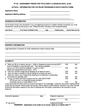 South Dakota Assessment Freeze Form for Elderly & Disabled