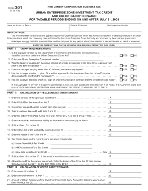 New Jersey Corporation Business Tax Form 301