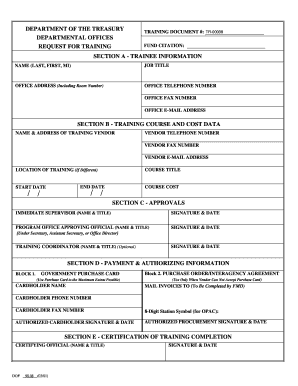 US Department of Treasury Training Fund Request Form