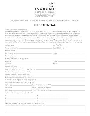 Kindergarten and Grade 1 Applicant Information Sheet