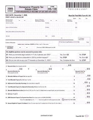 Vermont Property Tax Rebate Claim Form HS-139
