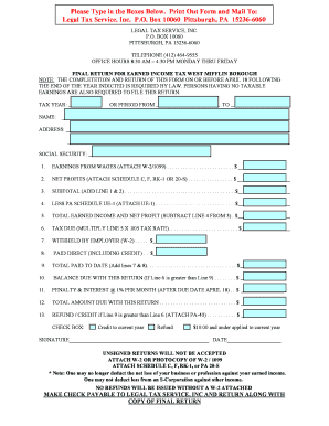 Final Return for Earned Income Tax West Mifflin Borough